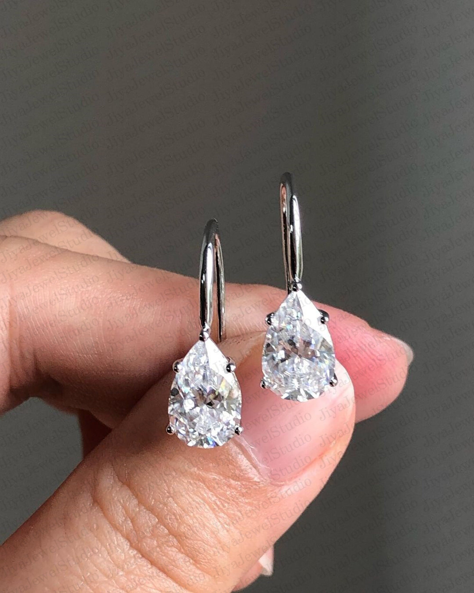 6 CT Pear Cut Moissanite Drop Earrings, 14K White Gold Plated 