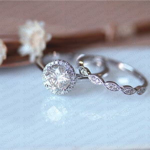Moissanite Halo Engagement Ring Set: Art Deco 925 Sterling Silver Wedding Bridal Set
