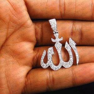 1.00Ct Round Moissanite Allah Arabic Islamic Pendant, Custom Made Pendant 14K White Gold Finish, Gothic Pendant, Gift For Him / Her