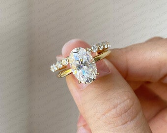 2.85 Ct Oval Cut Moissanite Wedding Ring Set, Moissanite Engagement Ring Set, Vintage Bridal Set, Art Deco Matching Bands, 14k Gold FN Ring