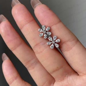 Pear Moissanite Flower Earrings: 925 Sterling Silver Studs