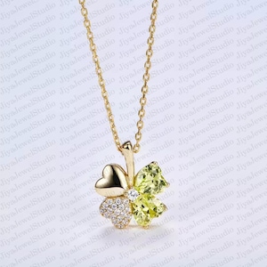 Peridot Clover Necklace: Sterling Silver, Simulated Diamond Accent