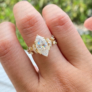3.50 CT Marquise Moissanite Engagement Ring: Vintage Art Deco 14K Yellow Gold Plated