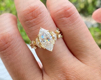 3.50 CT Marquise Colourless Moissanite Engagement Ring, Vintage Diamond Ring, 14k Yellow Gold Plated Ring, Promise Ring