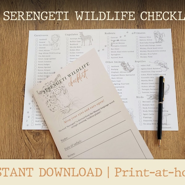 Printable Serengeti Wildlife Safari Checklist: Animals, Birds & Reptiles List | Scavenger Hunt | Digital Download. Tanzania, Africa