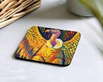 Colourful Vulture Coaster in Klimt Style | Cork back Square Coaster. Rainbow Bird of Prey Gift for Ornithologists Art Lovers