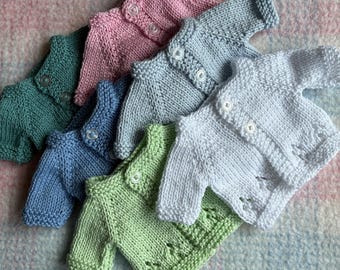 Hand knitted cotton very small preemie baby cardigan. Approx 25cm chest.