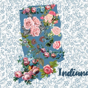 Cartão postal de Indiana, cartão postal floral colecionável do estado, presente para colecionador de cartões postais, cartão postal de flores, lembrança de Indiana