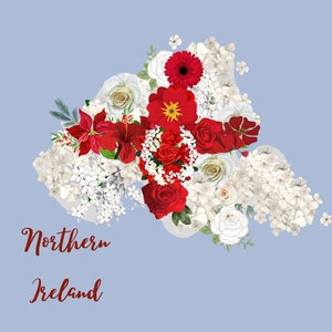 Cartão postal da Irlanda do Norte, mapa de flores da Irlanda do Norte, cartão postal patriótico vintage, cartão de bandeira da Irlanda do Norte