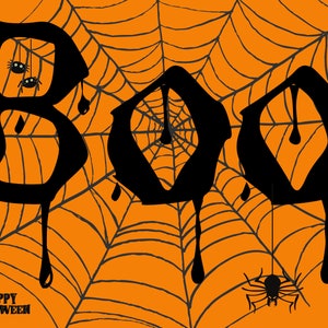 Halloween Postcard, Boo Postcard, Halloween Party Invitation, Festive Halloween Card, Orange Halloween with Spiders Postcard