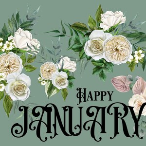 Postal de feliz enero, tarjeta con temática de flores e invierno, postales coleccionables de los meses del año