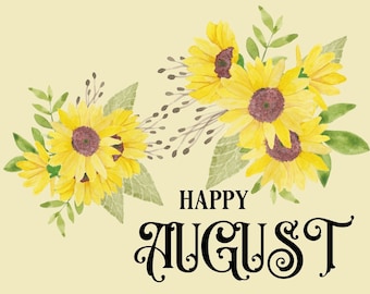 Cartolina di agosto felice, biglietto a base di fiori ed estate, cartolina di vibrazioni estive, biglietto d'invito barbecue, cartoline da collezione dei mesi dell'anno