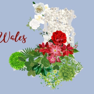 Cartão postal do País de Gales, mapa de flores do cartão postal do País de Gales, cartão postal patriótico vintage, cartão da bandeira do País de Gales