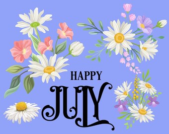 Cartolina di luglio felice, biglietto a base di fiori ed estate, cartolina di vibrazioni estive, biglietto d'invito barbecue, cartoline da collezione dei mesi dell'anno
