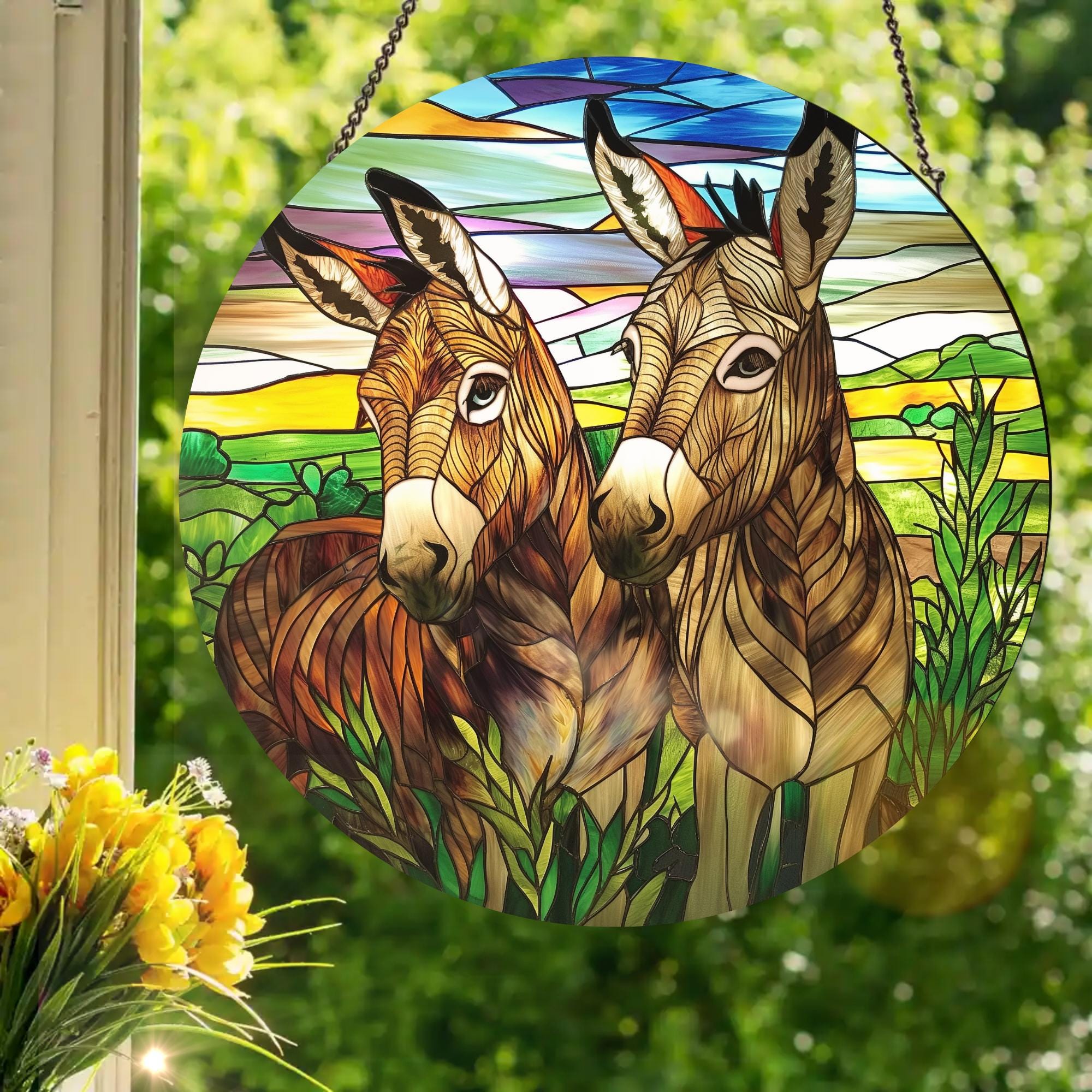 Donkeys: Stained Glass Style Window Hanging