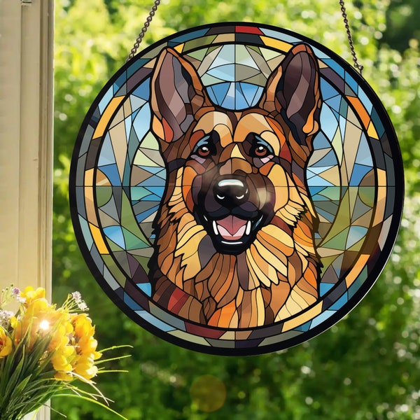 Tri-Color German Shepherd: Stained Glass Style Wall or Window Hanging