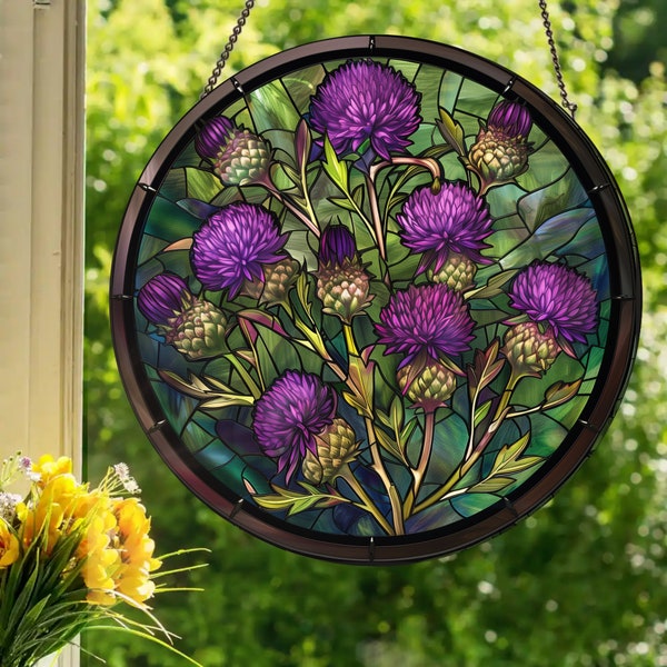 Purple Thistles: Stained Glass Style Wall or Window Hanging