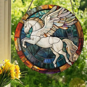 Pégaso: Vitral decorativo para janela feito com vidro verdadeiro.