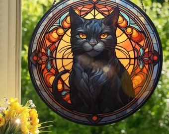 Black Cat Sunset: Stained Glass Style Wall or Window Hanging