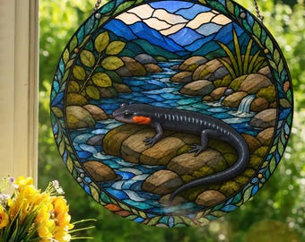 Rotwangensalamander: Fensterbehang im Buntglas-Stil