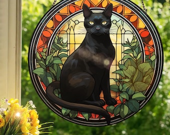 Gato negro de invernadero: ventana colgante estilo vitral