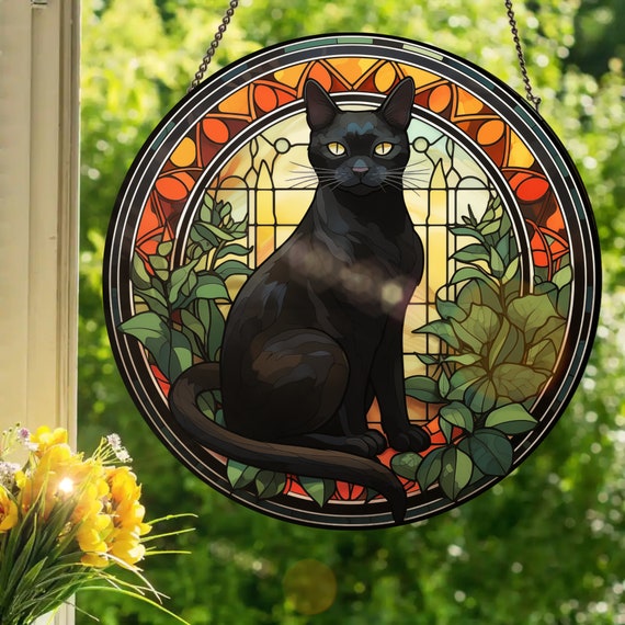 温室の黒猫：ステンドグラス風の窓飾り - Etsy 日本
