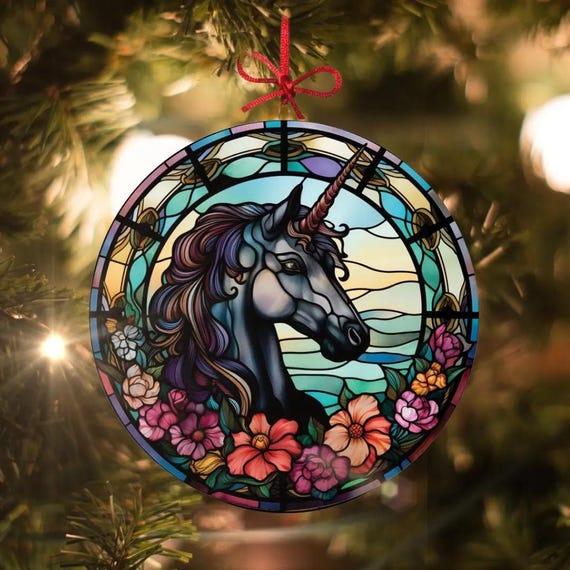 ステンドグラス Woodlands Unicorn ユニコーン グラスマスターズ Black Unicorn: Stained Glass-style Christmas Ornament - Made With