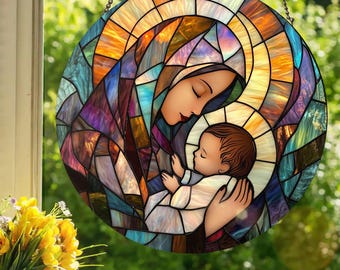 Baby Jesus and the Holy Mother Mary: Stained Glass Style Window Hanging Made With Real Glass