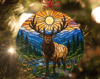 Mountain Elk: Stained Glass-Style Christmas Ornament - Made With Real Glass