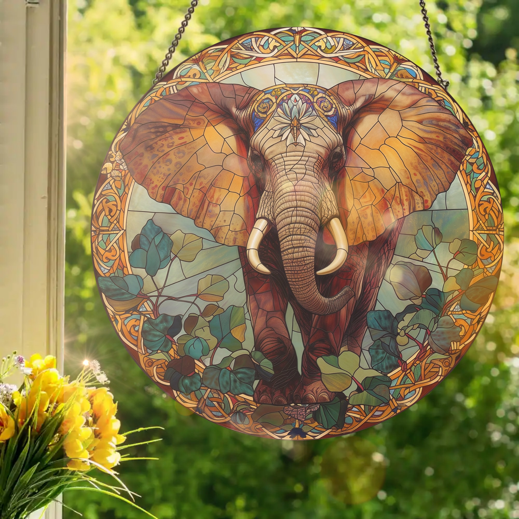Art Nouveau Elephant With Headdress: Stained Glass Style Window