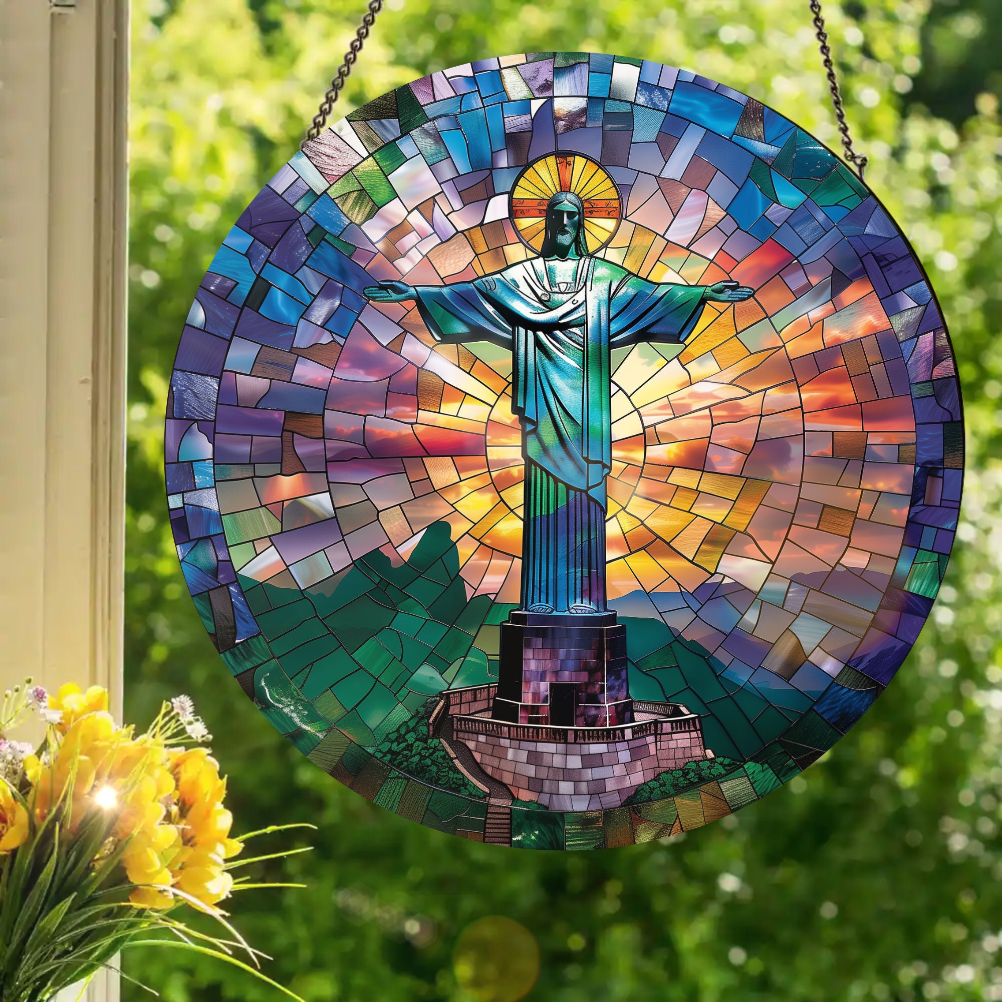 Christ the Redeemer - Rio de Janeiro, Brazil: Stained Glass Style Window Hanging Made With Real Glass