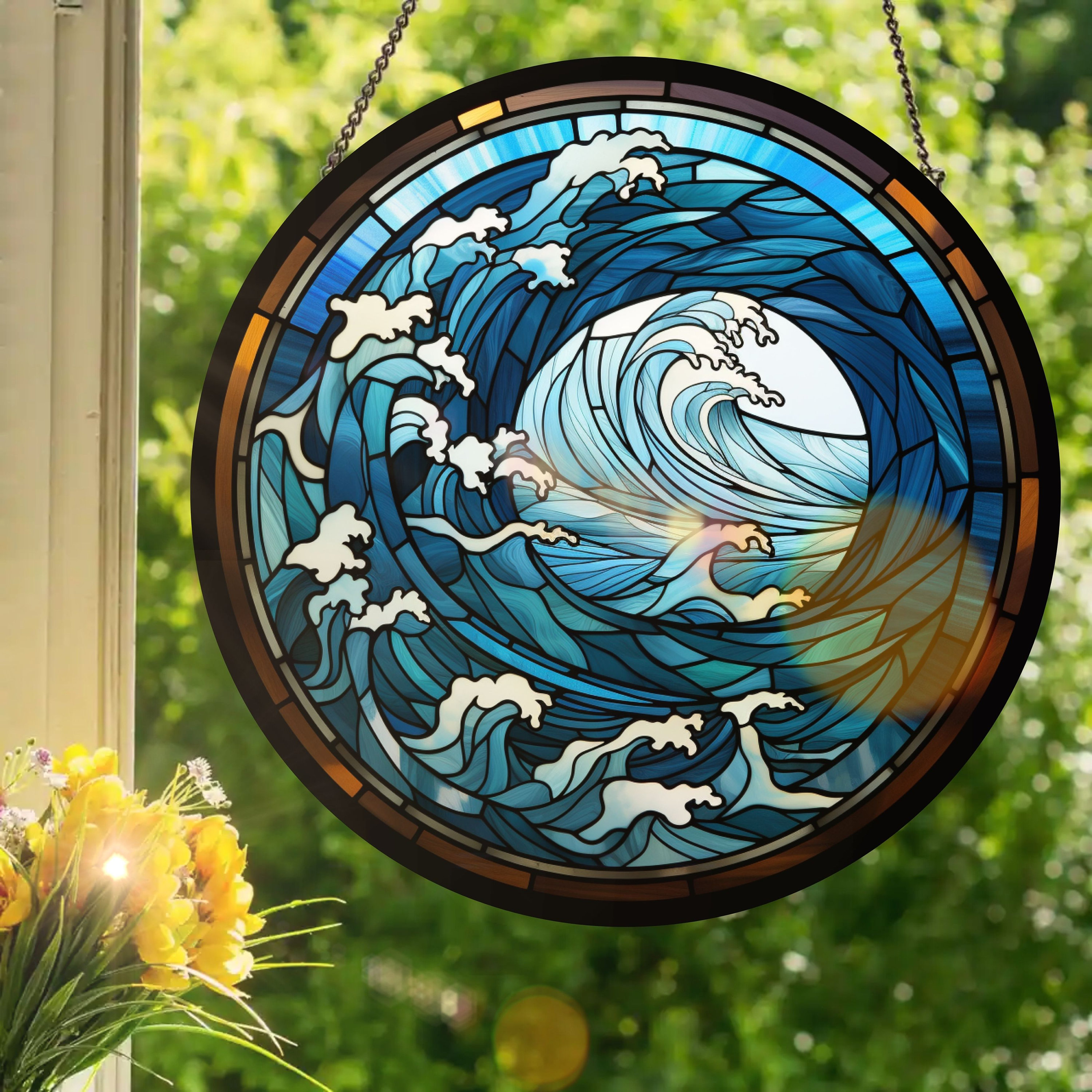 海の波 #2: ステンドグラス風の窓飾り - Etsy 日本