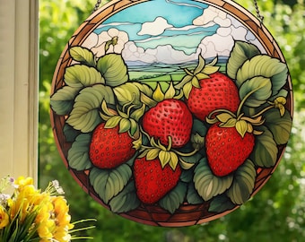 Sunny Strawberries: Stained Glass Style Wall or Window Hanging