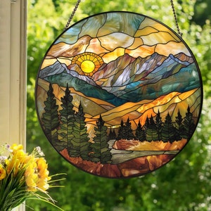 Mountain Range: Stained Glass Style Wall or Window Hanging Made With Real Glass