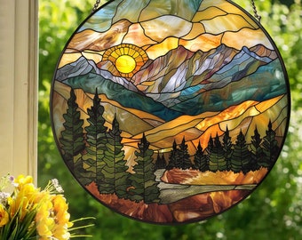 Mountain Range: Stained Glass Style Wall or Window Hanging Made With Real Glass