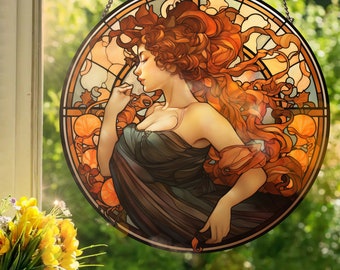 Nouveau Vitrail Femme: Stained Glass Style Window Hanging Made