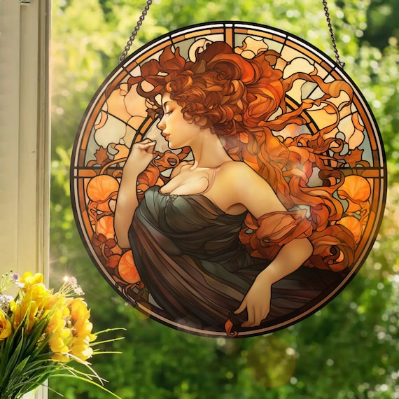 Nouveau Vitrail Femme: Stained Glass Style Window Hanging Made