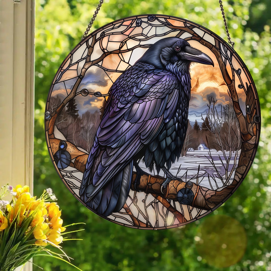 Raven Window Frame Winter Raven: Stained Glass Style Window Hanging - Etsy