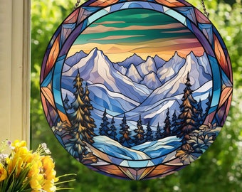 Snowy Alpine Mountain Range: Stained Glass Style Wall or Window Hanging