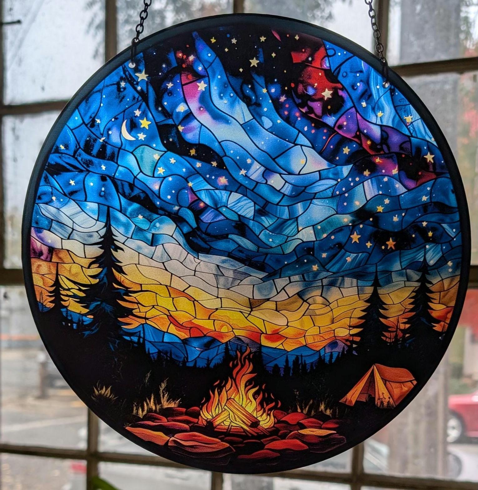 Starry Camp Fire: Stained Glass Style Window Hanging