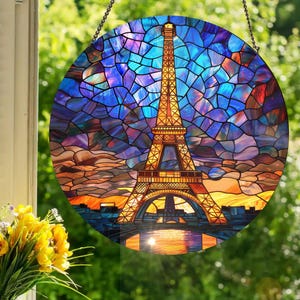Eiffel Tower - Paris, France: Stained Glass Style Wall or Window Hanging Made With Real Glass