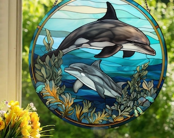 Playful Dolphins: Stained Glass Style Wall or Window Hanging