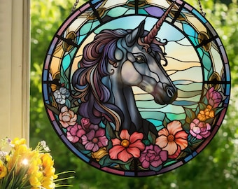 Black Unicorn: Stained Glass Style Wall or Window Hanging