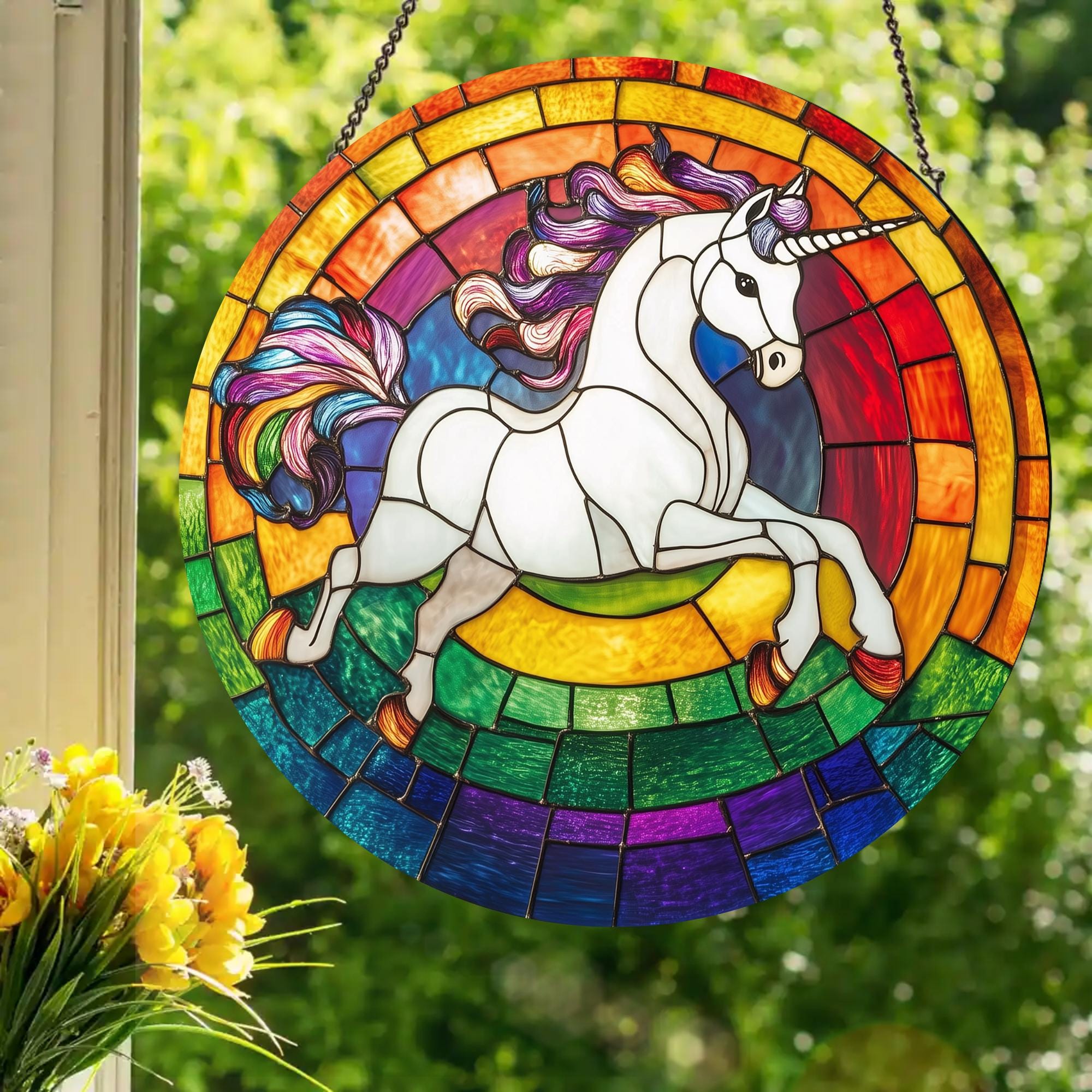 ステンドグラス Woodlands Unicorn ユニコーン グラスマスターズ Rainbow Unicorn: Stained Glass Style Window Hanging - Etsy