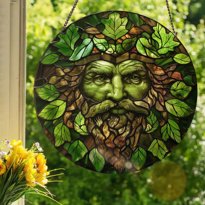 Green Man Stained Glass Style Wall or Window Hanging Etsy UK