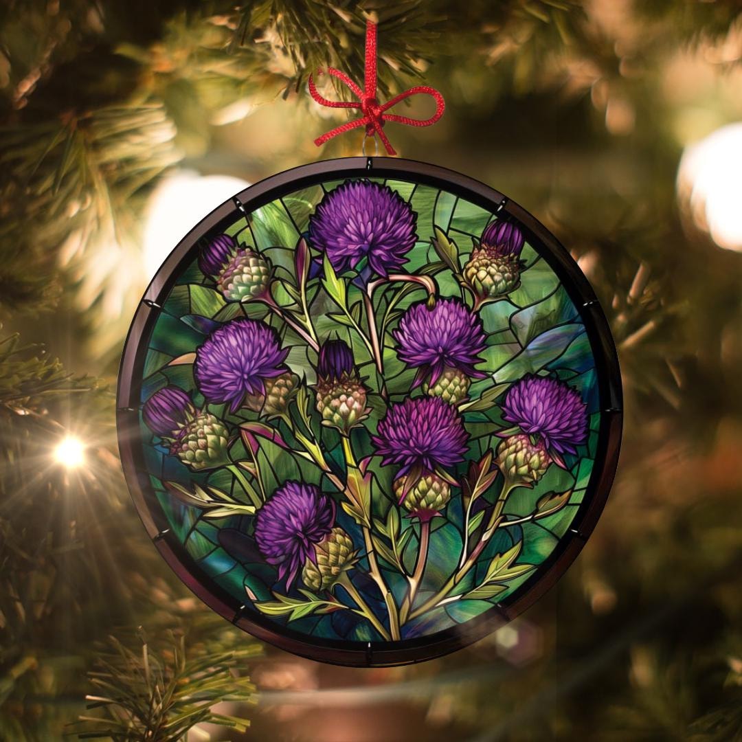 紫のアザミの花：ステンドグラス風クリスマスオーナメント - 本物の