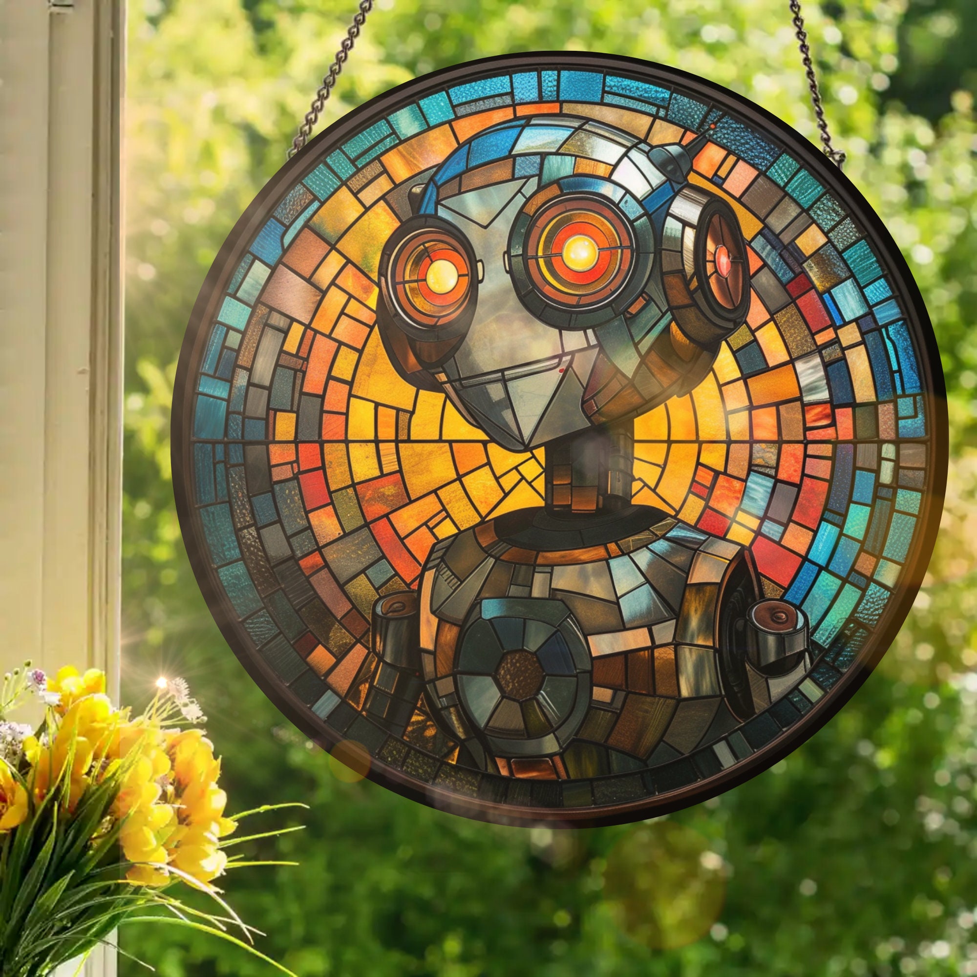 Sci-fi AI Robot: Stained Glass Style Wall or Window Hanging