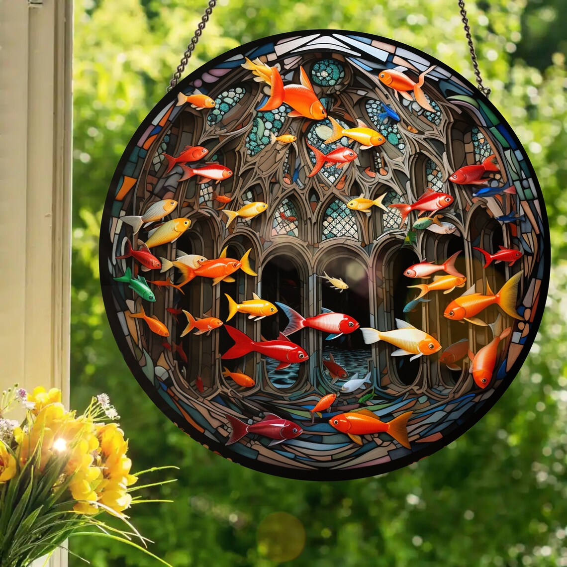 Picture of Goldfish Architecture: Stained Glass Style Window Hanging - Etsy