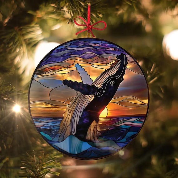 ジャンプするザトウクジラ：ステンドグラス風クリスマスオーナメント