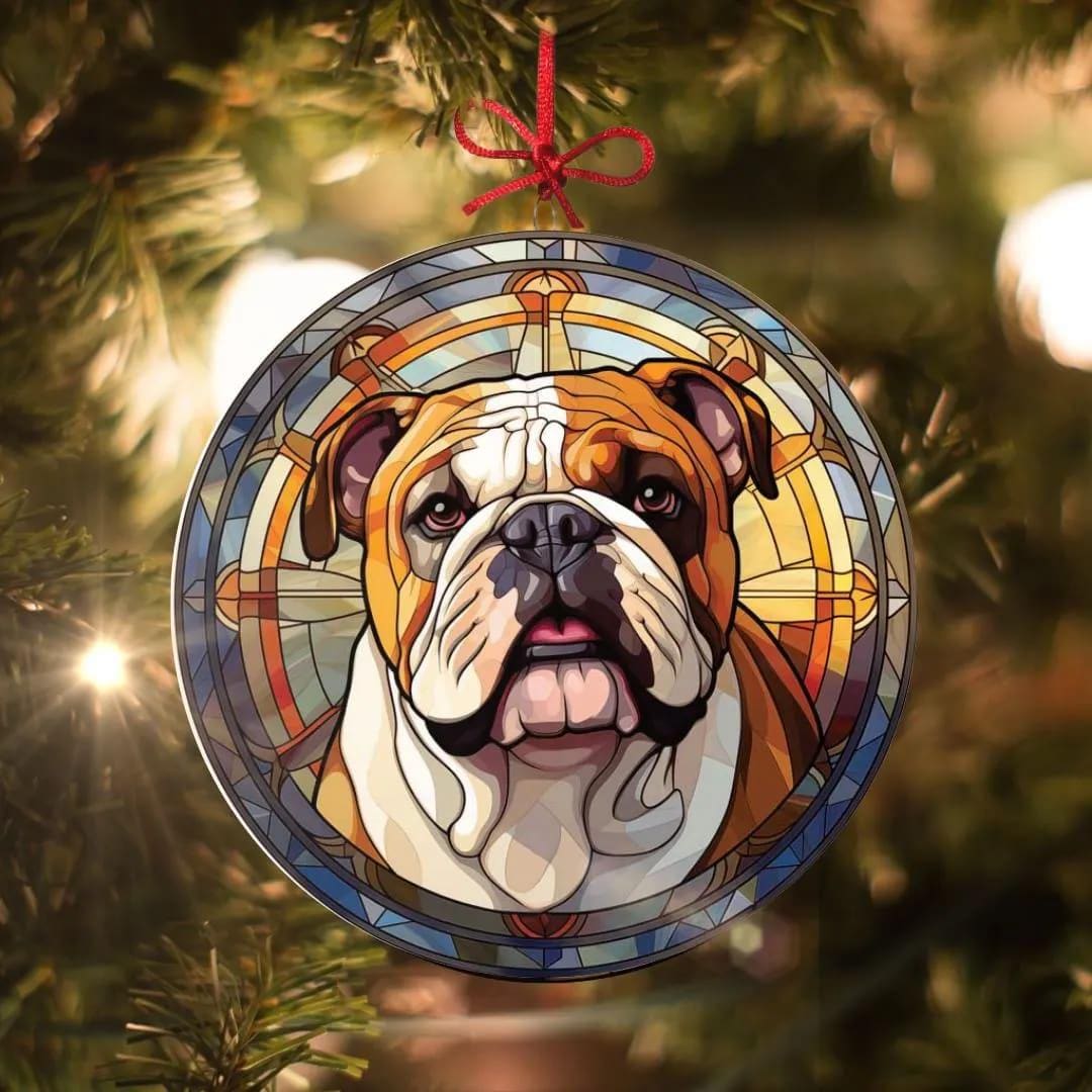 English Bulldog: Stained Glass-style Christmas Ornament - Made